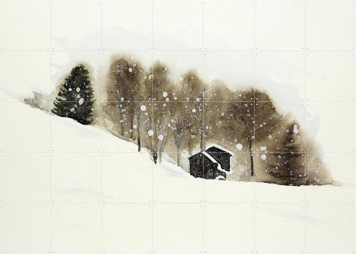 IXXI Ski Slope with Wooden Cabins, Natalie Bruns - 140 x 100 cm - Gratis ophangtool - Grote wanddecoratie en posters - Naturalisme, Aquarel, Gang