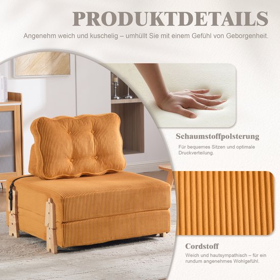 Productdetails van de oranje corduroy slaapfauteuil, met schuimstofvulling en cordstof.