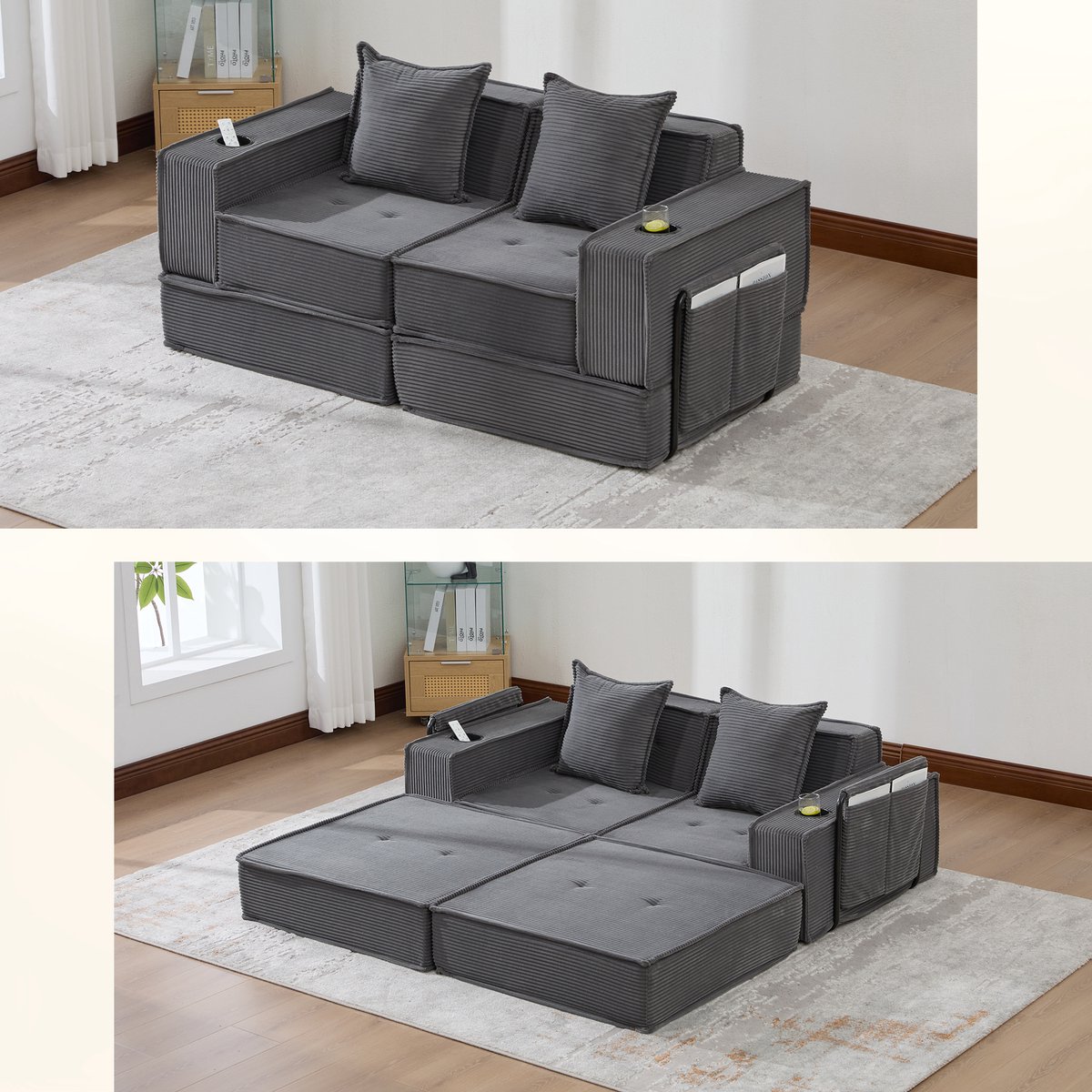 Tweepersoons slaapbank Moderne stoffen bank met voetenbankje en twee kussens - Slaapfunctie voor twee personen - Opbergruimte aan de zijkant - Ingebouwde drinkhouders - Comfortabel stoffen zitvlak - Stijlvol decoratief design