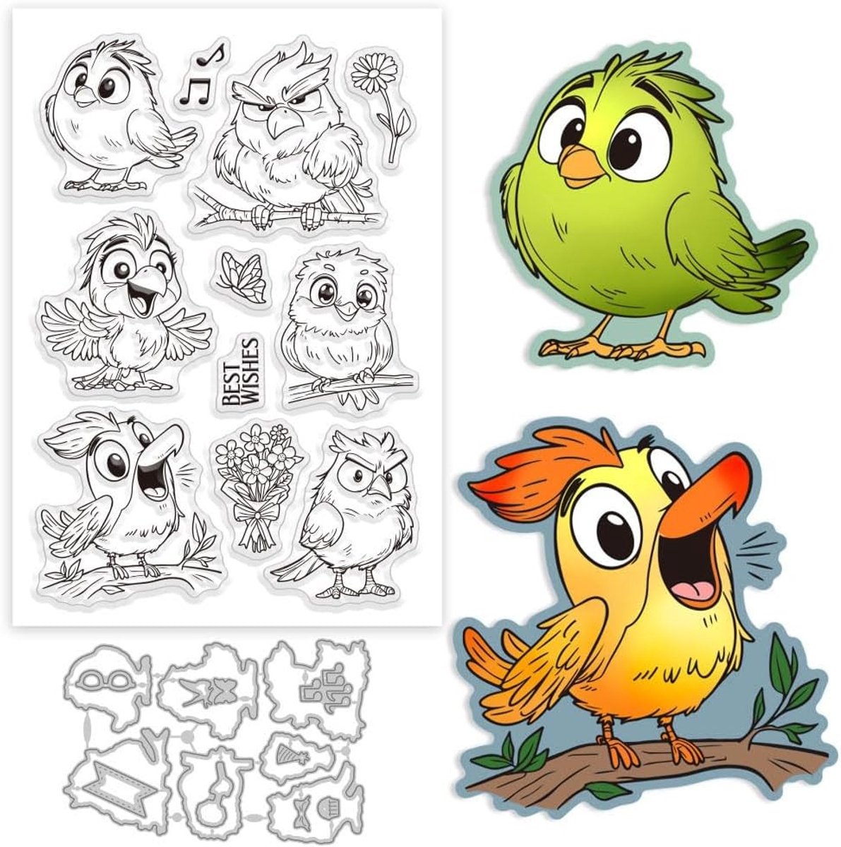 Grappige Vogels Clear Stempels en Stansset met Bloemen, Vlinders en Dieren voor Kaarten Maken en DIY Scrapbooking