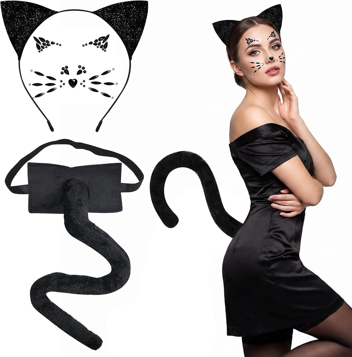 3-delig kattenkostuum voor dames met oren, staart en gezichtsmasker voor Halloween, carnaval en cosplay feestjes