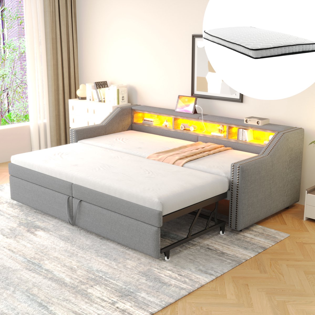 COVREO Slaapbank met uitziehbare bedbodem en opbergruimte – 90/180 x 200 cm – Bedbank met LED-verlichting en USB-poort – voor woonkamer en logeerkamer – Lichtgrijs - met matras Hellgrijs