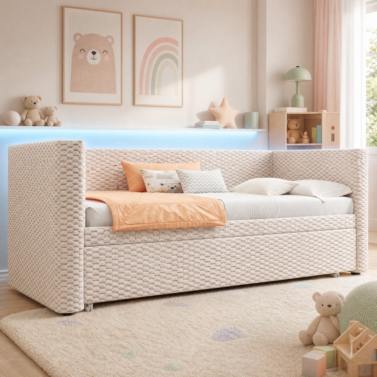 COVREO Uitschuifbed met LED-verlichting – 90x200 cm – Dagbed van fluweel en MDF – voor slaapkamer en logeerkamer – Beige - zonder matras