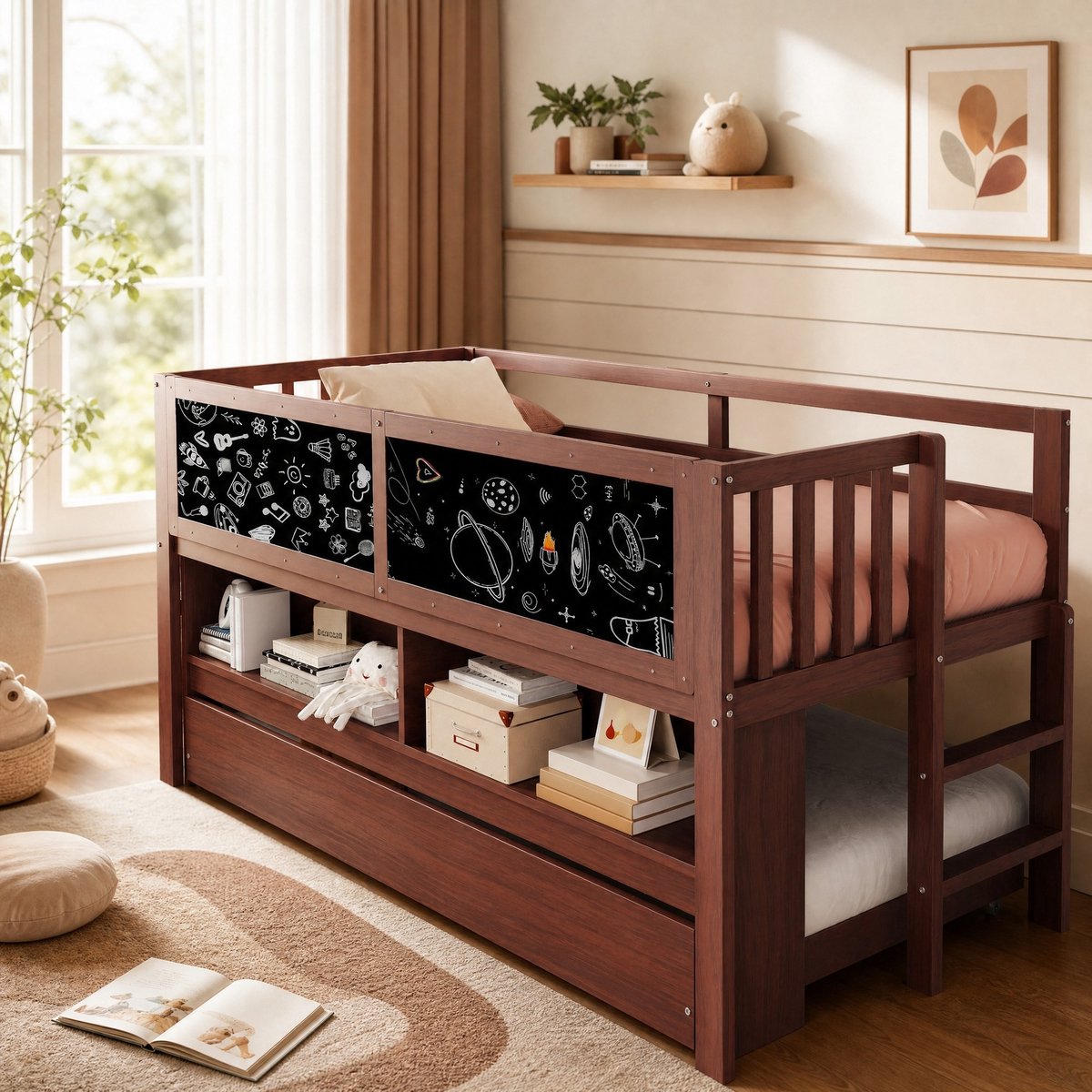 COVREO Kinderbed met uitschuifbed – 90x200 cm – Hoogslaper met krijtbord en opbergrek – voor kinderkamer – Bruin - zonder matras
