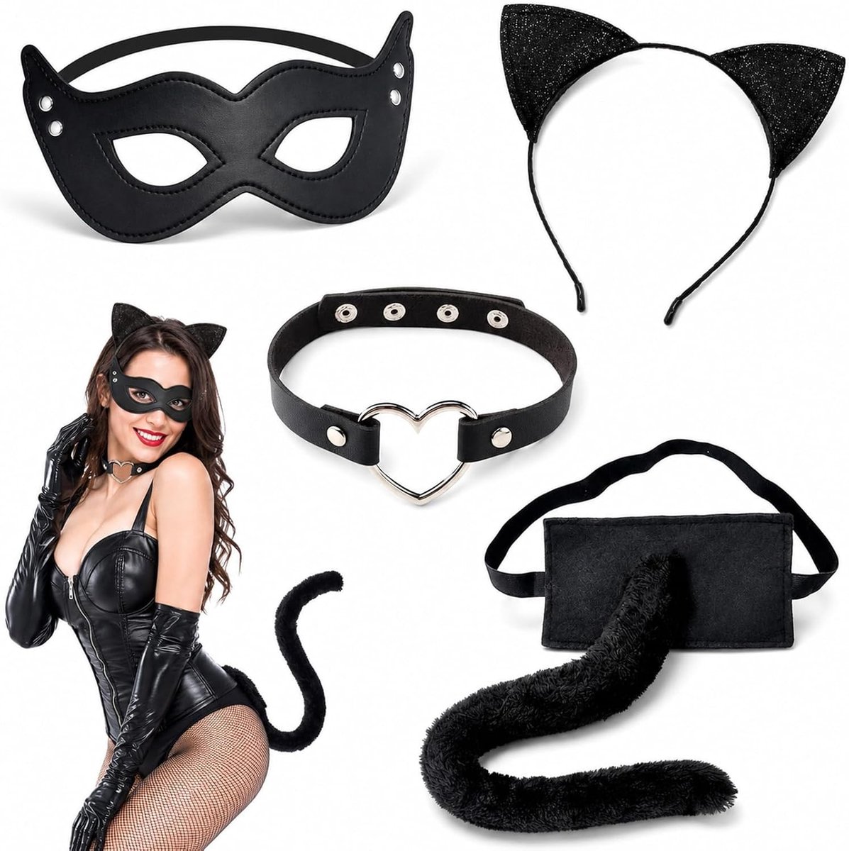 Halloween kattenkostuum voor dames met oren, staart, masker en halsband - Perfect voor feesten en kostuumverkleedpartijen