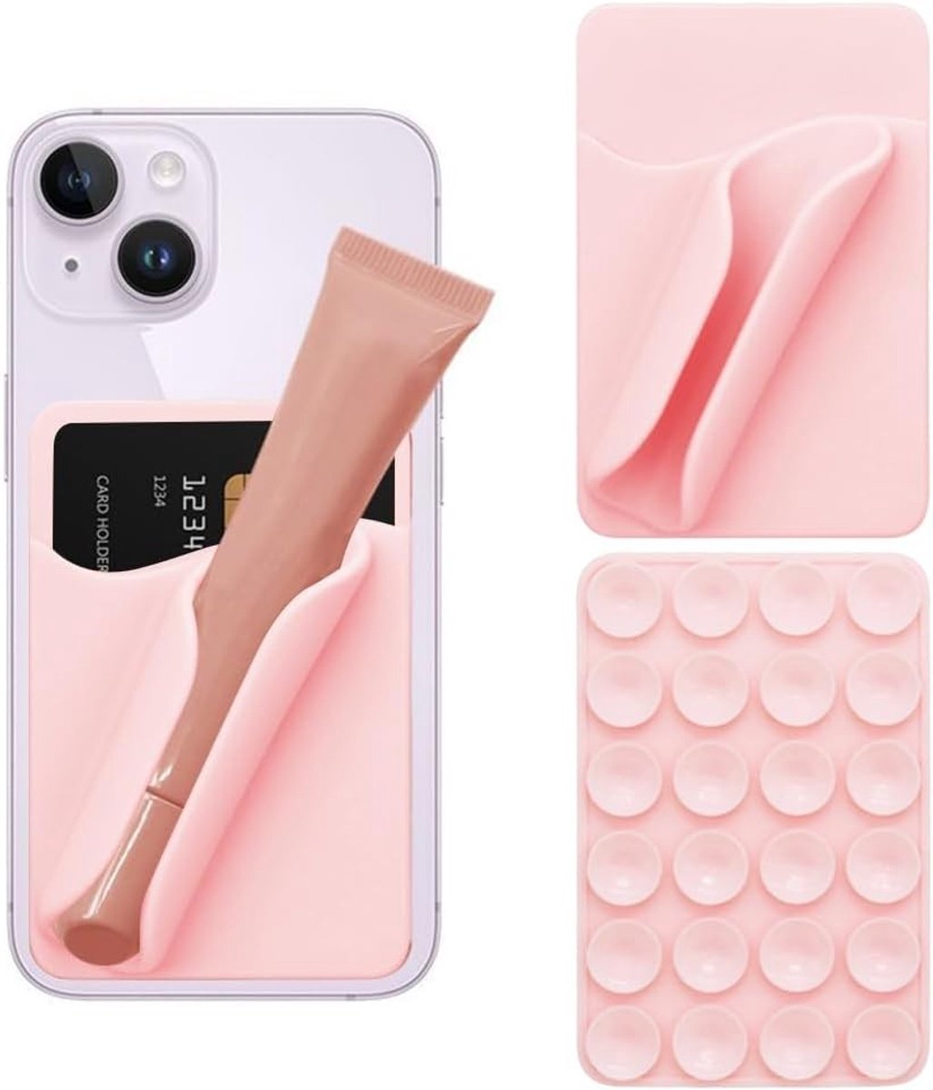 Zelfklevende telefoon kaarthouder en lipgloss organizer voor make-up en kaarten, roze pocket case