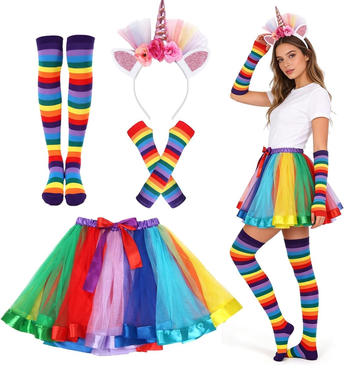 Kleurrijke Tulle Rok voor Dames, Eenhoorn Kostuum met Tiara, Hoge Sokken en Handschoenen voor Carnaval en Halloween