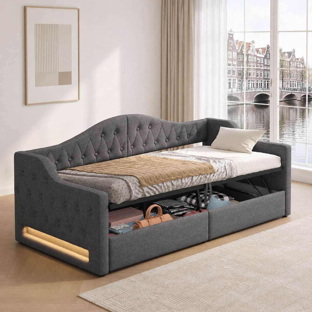 WUVRIE Gepolstertes 90x200 Tagesbett met LED-verlichting en Stauraum, Grijs