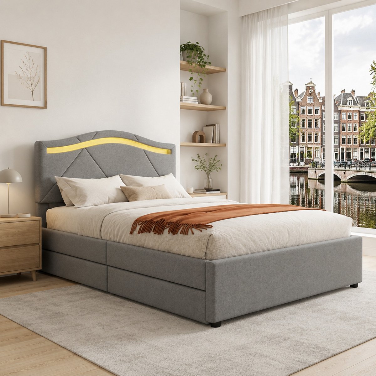 WUVRIE Gestoffeerd bed 90x200 cm met lattenbodem, 2 lades, LED en verstelbaar hoofdeinde, grijs
