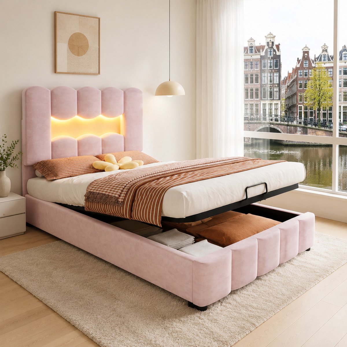 WUVRIE Polsterbett 90x200 cm, Samt, Pink, LED-Beleuchtung, Hydraulik, verstellbares Kopfteil
