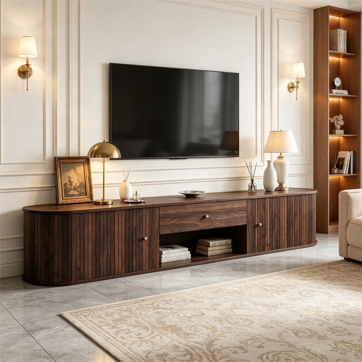 TV Meubel Retro Lowboard Met Roldeuren En Lade Voor Woonkamer En Eetkamer Walnoot 180x40x40 Cm