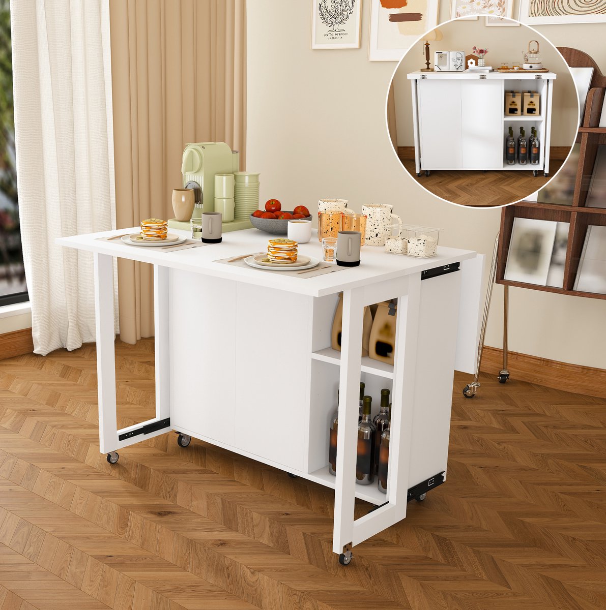 Opvouwbare Eettafel Voor Kleine Ruimtes Met Verrijdbare 360 Graden Wielen En Grote Opbergruimte Van Spaanplaat Wit 100 X 105 X 75 Cm