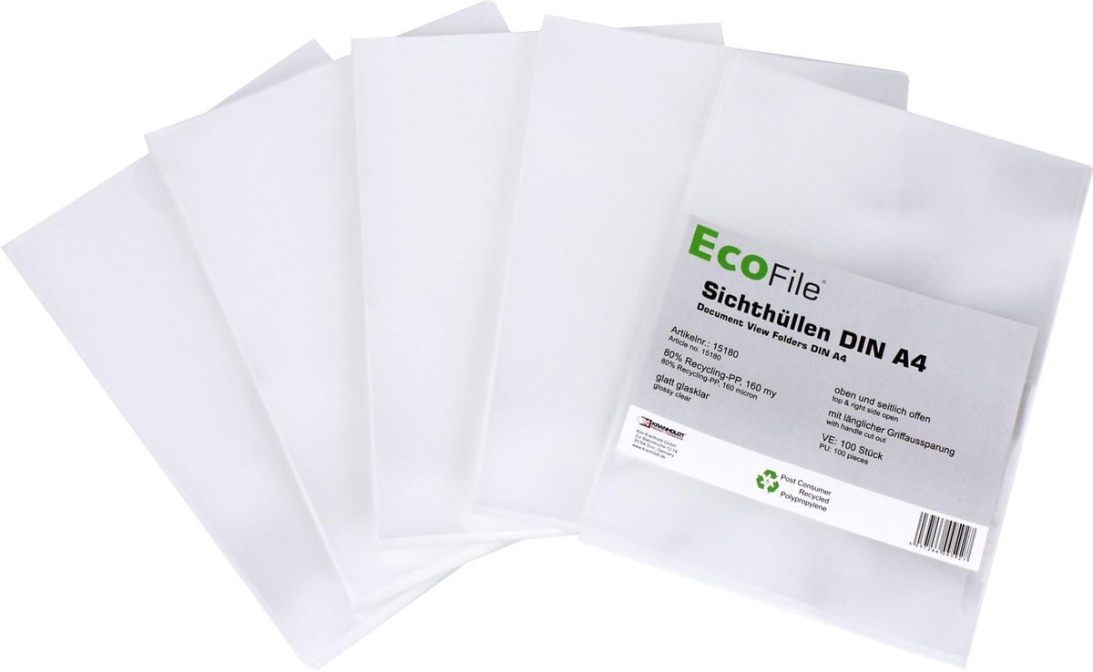 Bekijk hoezen A4 / 100 stuks / duurzaam van Post-consumer recycling PP 160 my glad melkachtig, boven- en zijkant open - ShopVlot