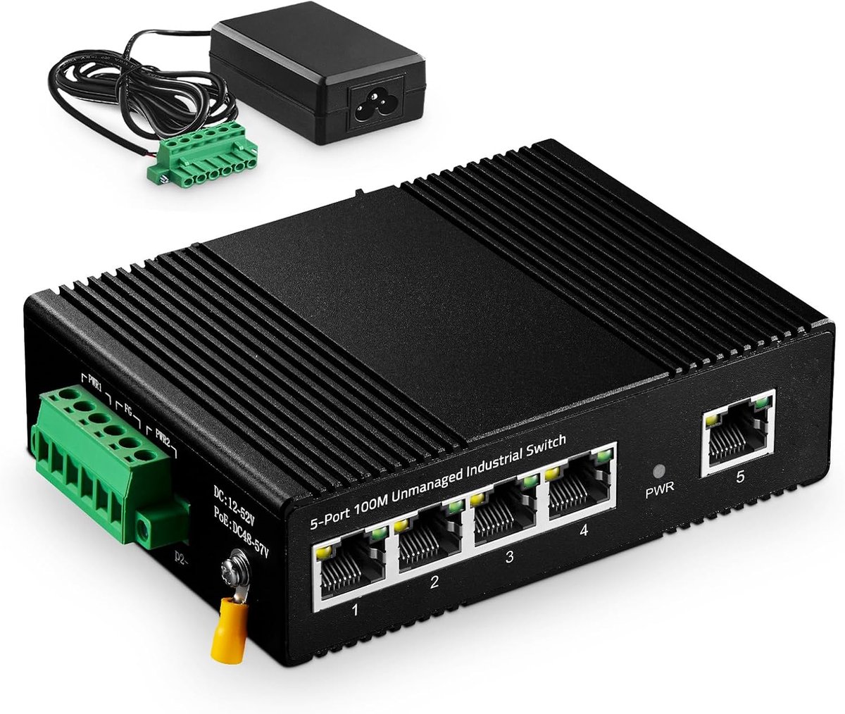 Binardat Industriële Ethernet-switch met 5 poorten op DIN-rail, 4 poorten en 1 uplink 10/100 Mbps, ventilatorloos - ShopVlot
