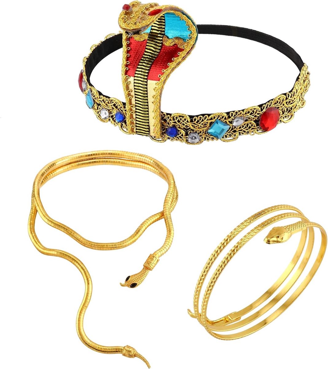 Egyptisch Kostuum Accessoires voor Vrouwen - Hoofdsieraad met Metalen Slang, Armbanden en Slangvormige Armbanden