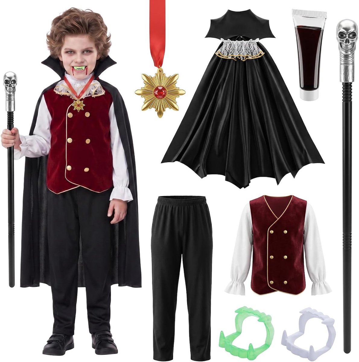 Spannend vampierkostuum voor kinderen, perfect voor Halloween en carnavalsfeesten, inclusief accessoires