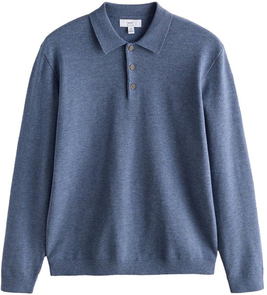 Blauw gebreid poloshirt met lange mouwen, een kraag en drie knopen. Label in de nek toont 'NEXT REGULAR FIT'.