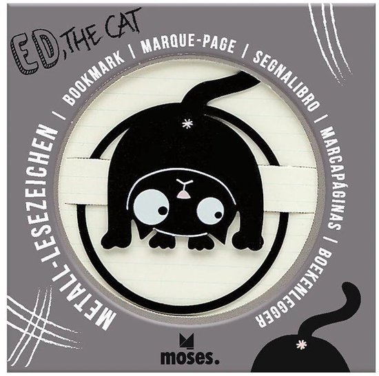 Metalen boekenlegger met de tekst 'ED, THE CAT' en de opdruk van een zwarte kat die op zijn kop door een cirkel hangt.