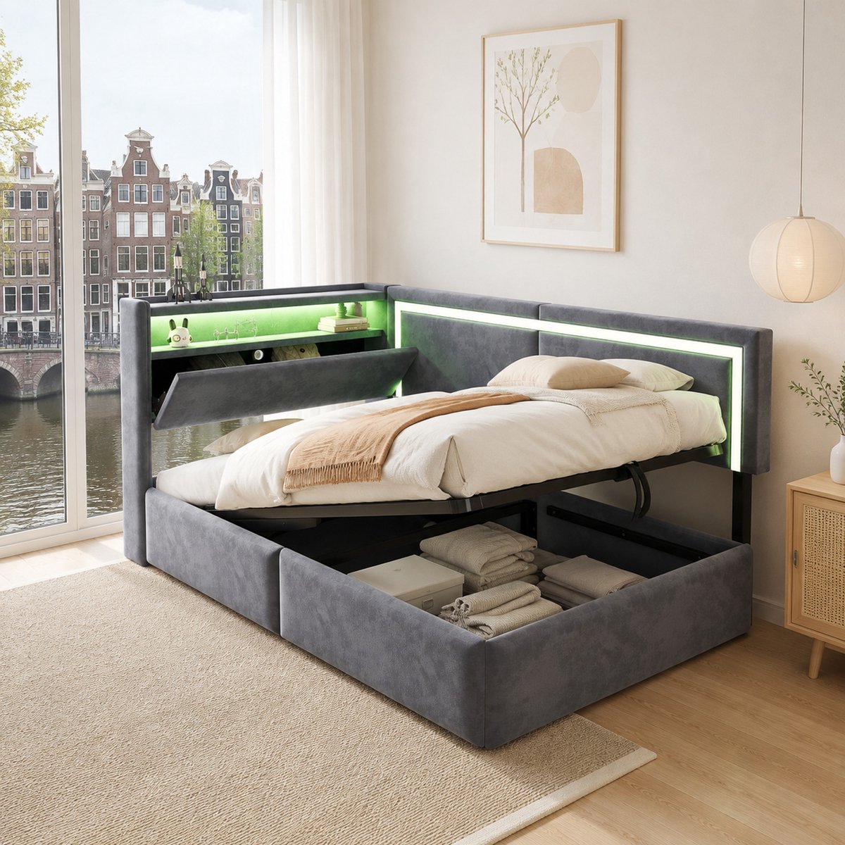 WUVRIE Slaapbank 90x200 cm met opbergruimte, LED-verlichting, USB en fluwelen bekleding in grijs