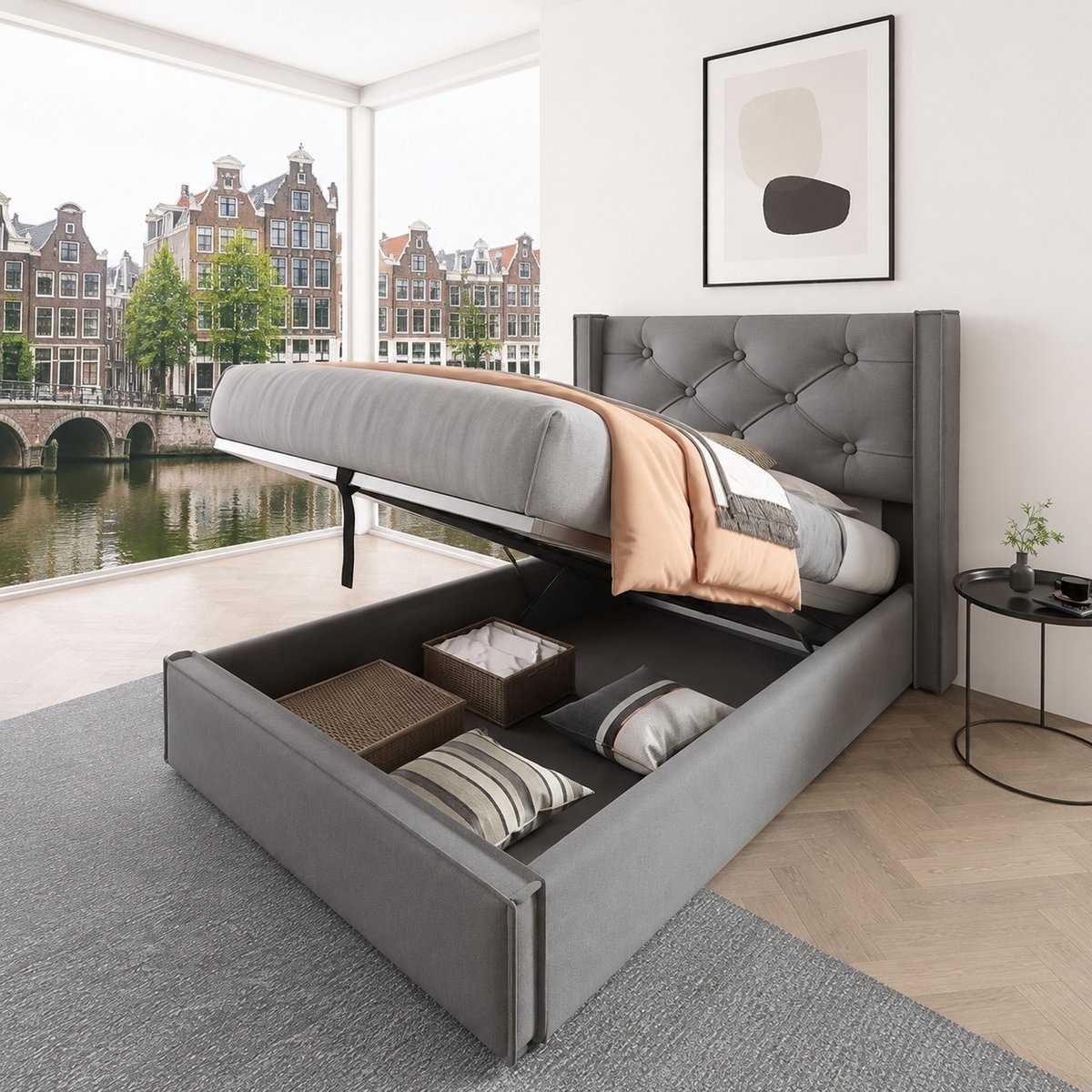 WUVRIE Bedframe met opbergruimte 90x200 cm, hydraulisch, met lattenbodem, grijs