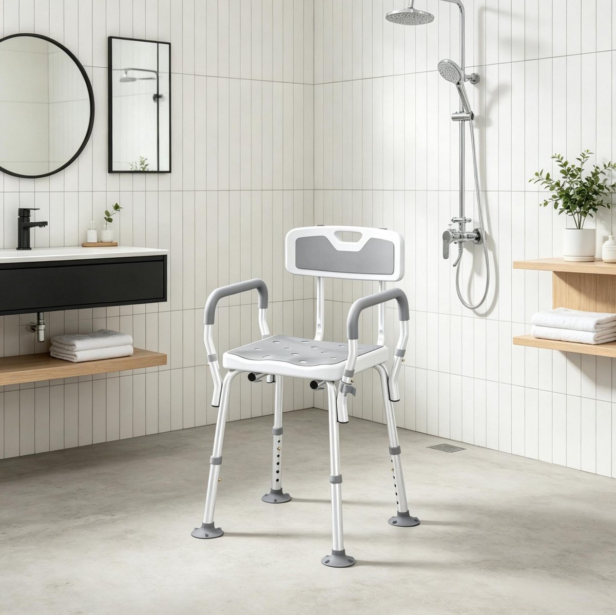 Ergonomische douchestoel - hoogte verstelbaar met rugleuning en armleuningen - lichtgrijs aluminium frame - 136 kg draagvermogen - rutschbestendig
