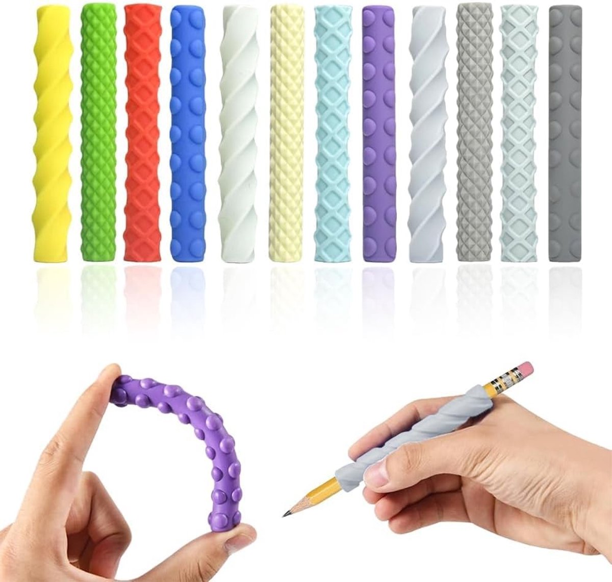 Lange Ergonomische Potloodgrepen - 12 Stuks Schrijfgrip voor Kinderen en Volwassenen met Sensorische Textuur en Comfortabele Handgreep