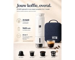 Draagbare Koffiemachine – 4-in-1 Zelfverwarmende Espressomachine 25 Bar – Auto, Camping & Camper – NS/DG-Capsules, Gemalen Koffie & Filterkoffie – Afneembare Afsluitbare Beker – 9600mAh – Warme Koffie Zonder Waterkoker – Wit