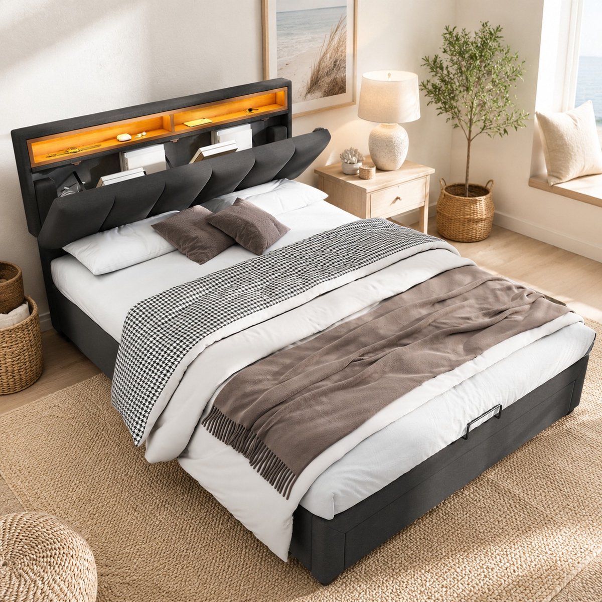 COVREO Gestoffeerd bed met LED-verlichting – 140x200 cm – Tweepersoonsbed met opbergruimte – Slaapframe met lattenbodem – Grijs - zonder matras