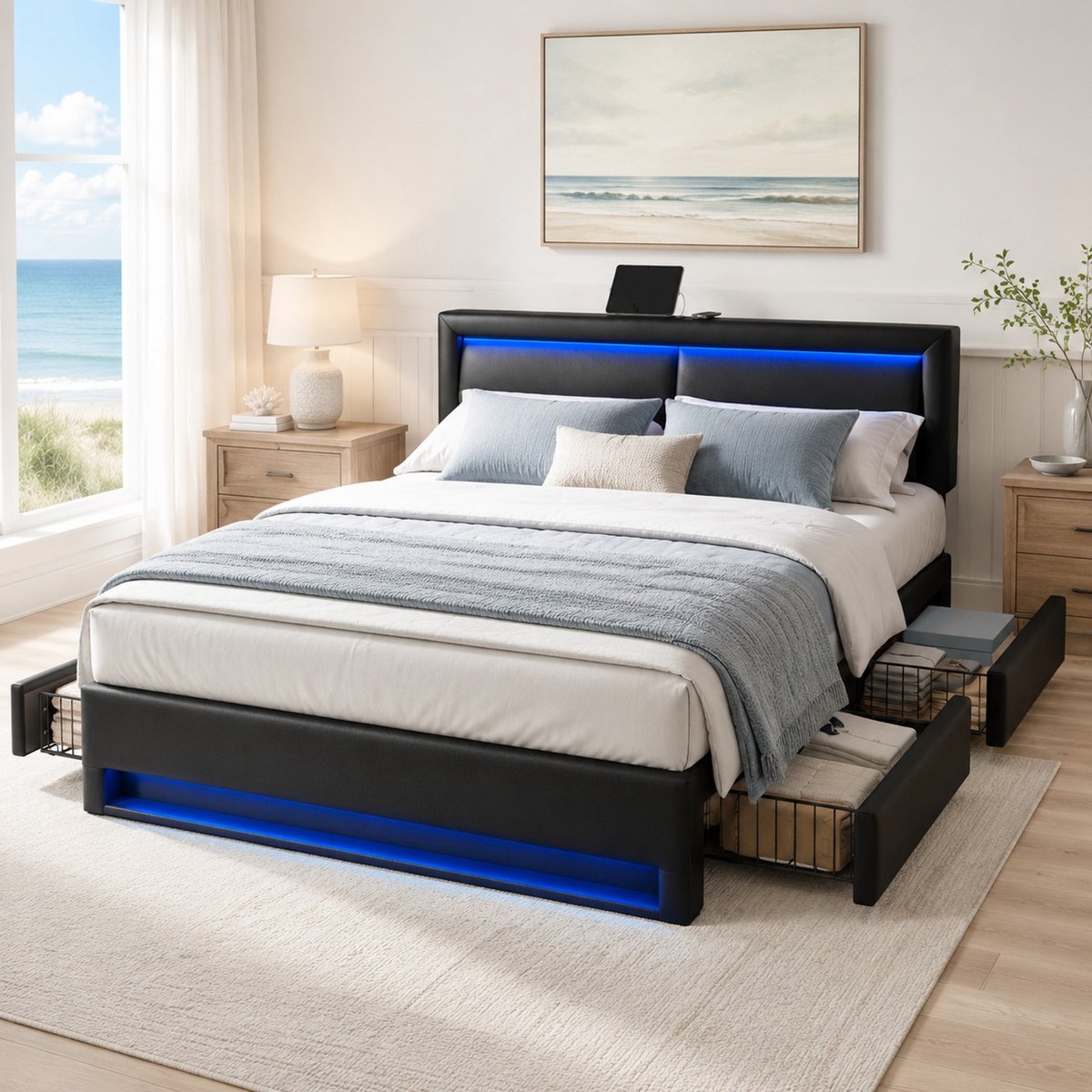 COVREO Bed met USB – 140x200 cm – Tweepersoonsbed met LED – met 4 lades – Zwart - zonder matras