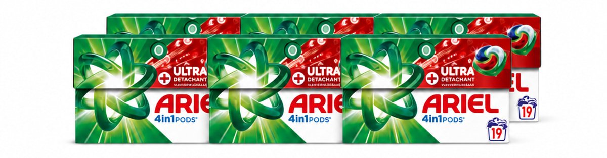 6 x Ariel - 4in1 Wasmiddel Pods - Ultra Vlekverwijderaar - 19 Pods - Voordeelverpakking - 6 stuks