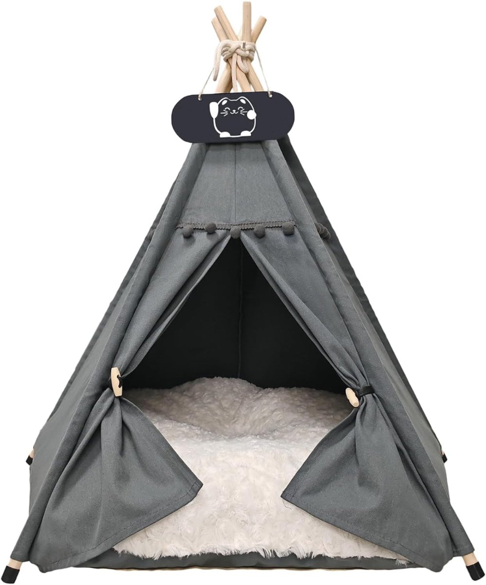 Levo® Kattentent - Huisdier tent - Dierenhuis - Kattenhol - Kattenhuis - Katten Tipi Tent - Voor Binnen - Grijs - 50cm x 50cm x 60cm
