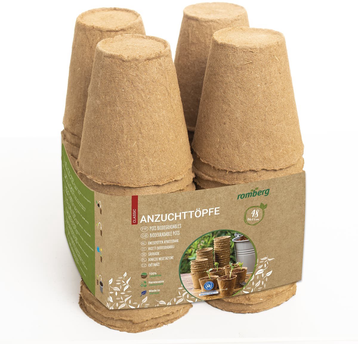 Romberg set van 48 ronde zaaipotjes - biologisch afbreekbaar, 8 cm Ø, 100% turfvrij, ideaal voor zaden, zaailingen & stekjes, milieuvriendelijk met zegel
