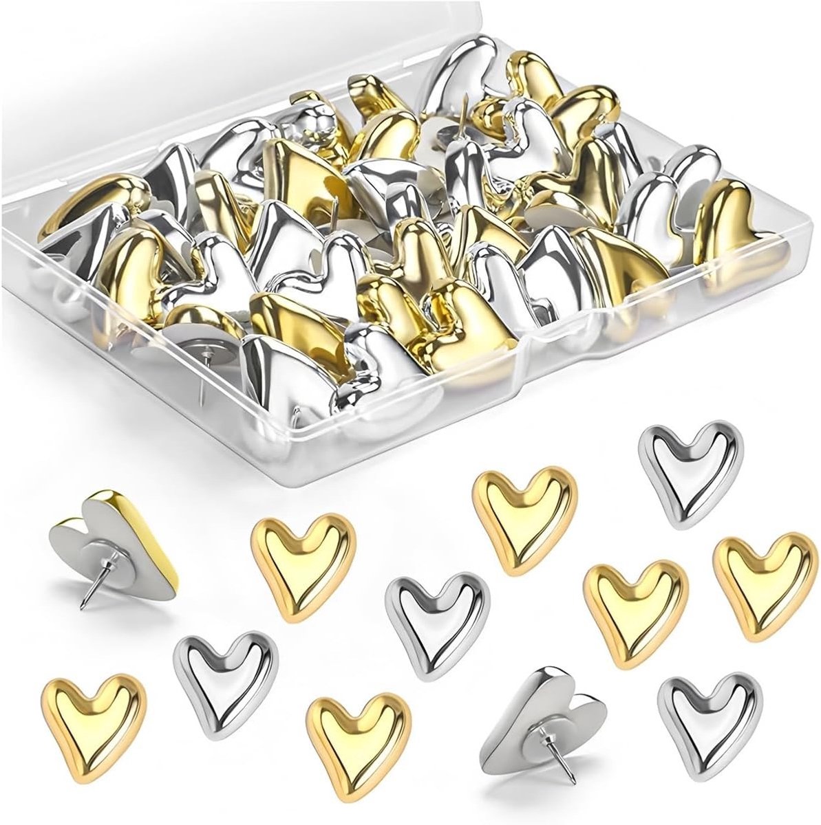 30 Stuks Hartvormige Push Pins, Decoratieve Punaises voor Kurkbord, Muurdecoratie en Posters, Goud en Zilver