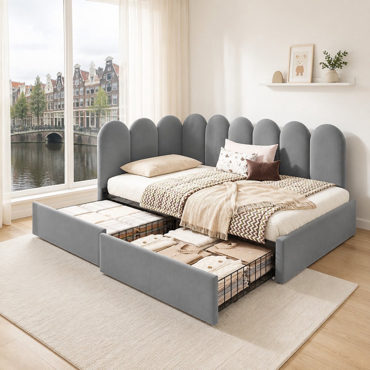 WUVRIE Grijze velvet daybed / slaapbank met 2 lades opbergruimte - eenpersoonsbed 90x190 cm Grijs