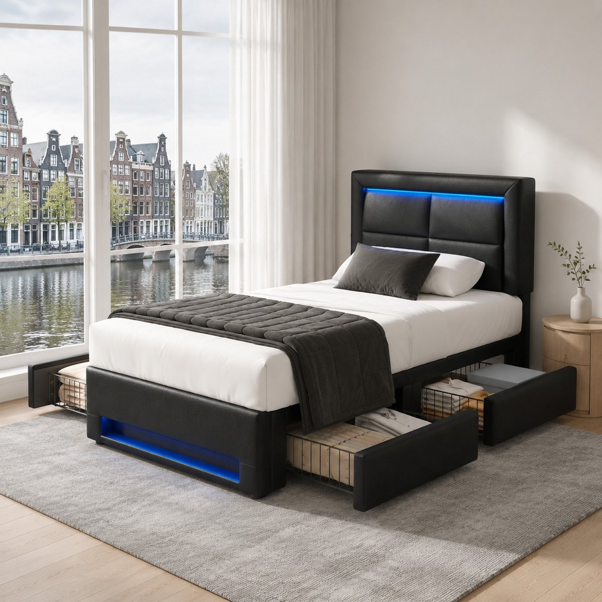 WUVRIE Gestoffeerd bed 90x190 cm met USB, LED en 4 lades, lattenbodem, zwart