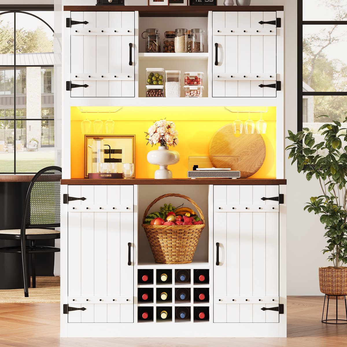 Hoge Keukenkast - Scheunerdeur Design Met RGB Led Verlichting En Wijnrek - Voor Keuken En Eetkamer - MDF En Metaal - Wit - 120x40x180 Cm