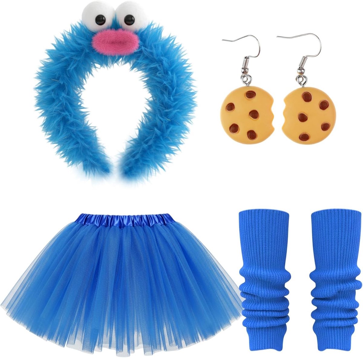Vrouwelijk Monster Kostuum met Koekjes Haarband, Blauwe Tulle Rok en Mouwen voor Carnaval en Feestjes