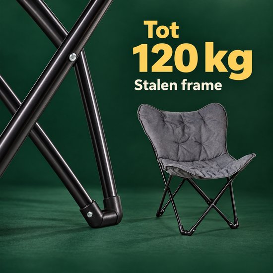 Cheqo® Vlinderstoel - Campingstoel Opvouwbaar - Butterfly Chair - Klapstoel - Vouwstoel - Kampeerstoel - Relaxstoel - Loungestoel - Tuinstoel - Festivalstoel - Strandstoel - Balkonstoel - voor Volwassenen - Draagbaar - Grijs - Inclusief Draagtas — afbeelding 4