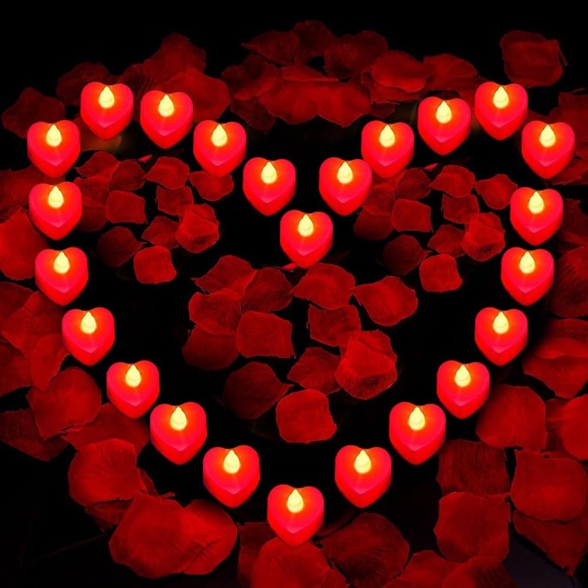 Led-theelichten in Hartvorm - Rood - 4 x 4 cm - Vlamloze Kaarsen met Kunstrozenblaadjes - Voor Bruiloften en Romantische Gelegenheden