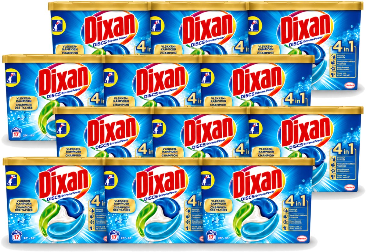 12 x Dixan Discs - Wasmiddelcapsules en Vlekverwijderaar - Extreme Power - Witte, Gekleurde & Zwarte Was - 17 Wasbeurten - Voordeelverpakking - 12 stuks
