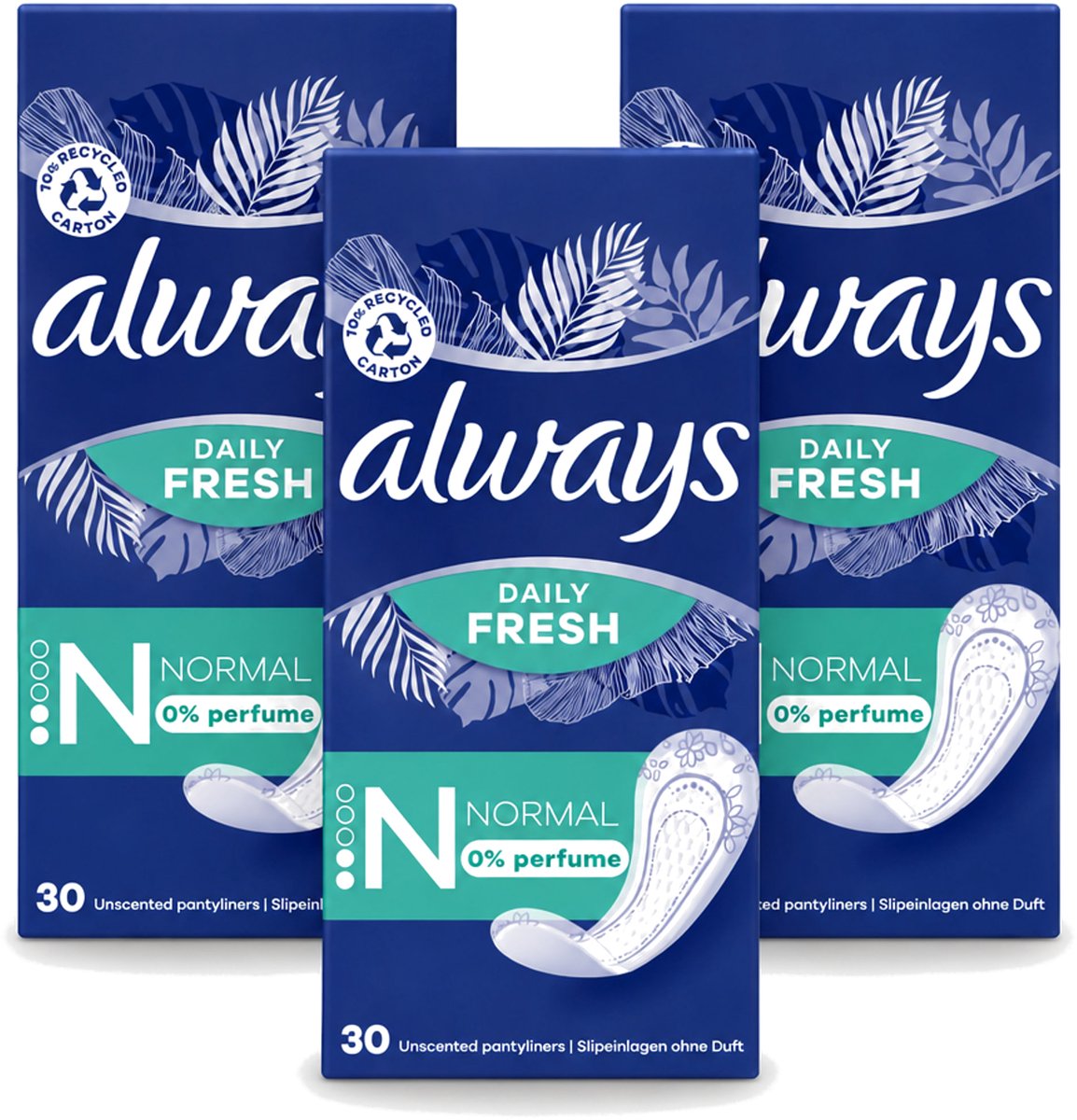 3 x Always Daily Fresh - Inlegkruisjes - Normaal - Ongeparfumeerd - 30 Inlegkruisjes - Bulkverpakking - 3 stuks