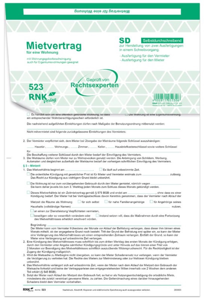RNK Verlag huurcontract formulieren woningen, zelfkopiërend, A4, 25 stuks