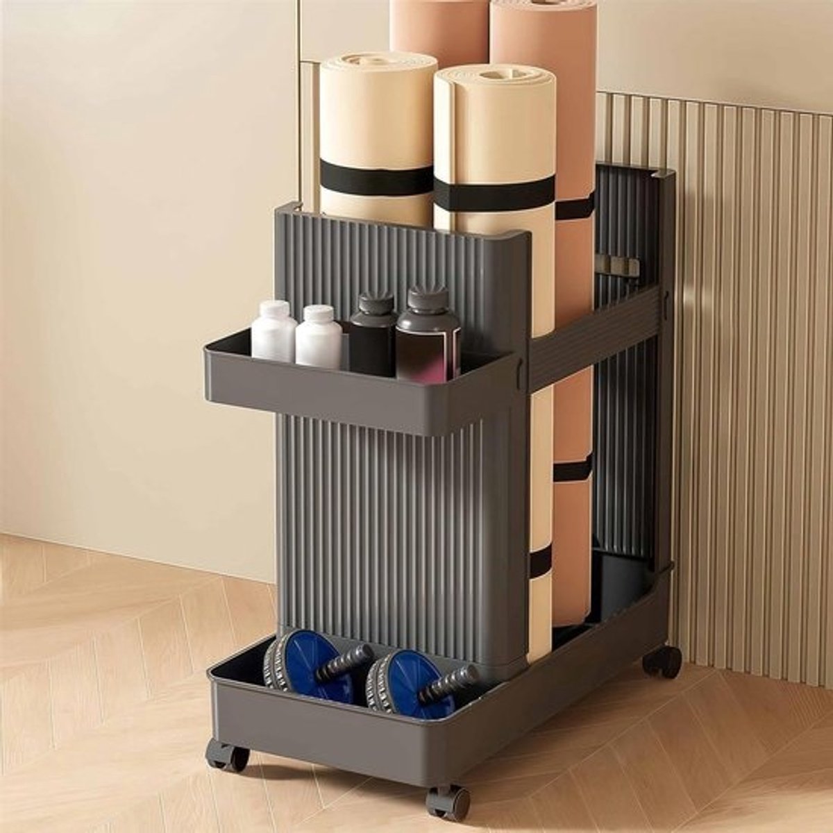 Fitnessopbergkar - Organizer voor hulpmiddelen - Sportspullen opbergen - Met handige wielen - 50 x 26 x 50 cm - Wit