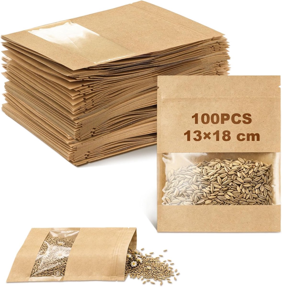 100 stuks zaadzakken, 13 x 18 cm, papieren zakken met venster, bruin, klein - ShopVlot