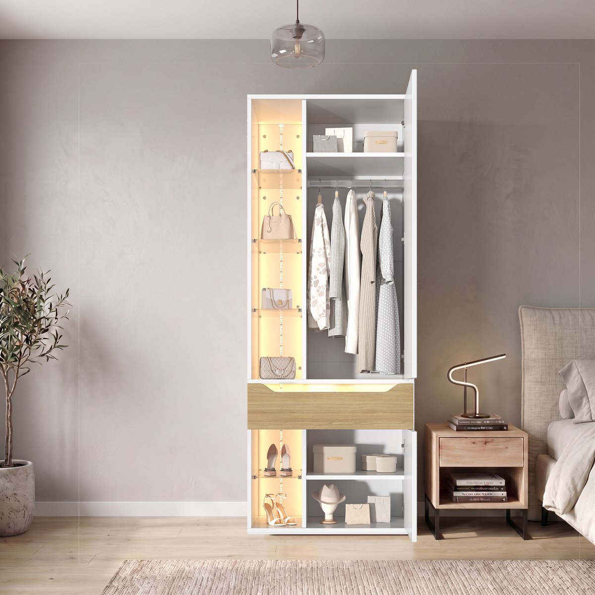 MIVRAY Kledingkast - Ledverlichting En Glasvitrine - Met Kledingstang, Lade En Open Vakken - Voor Slaapkamer - MDF - Wit - 75x50x200 Cm