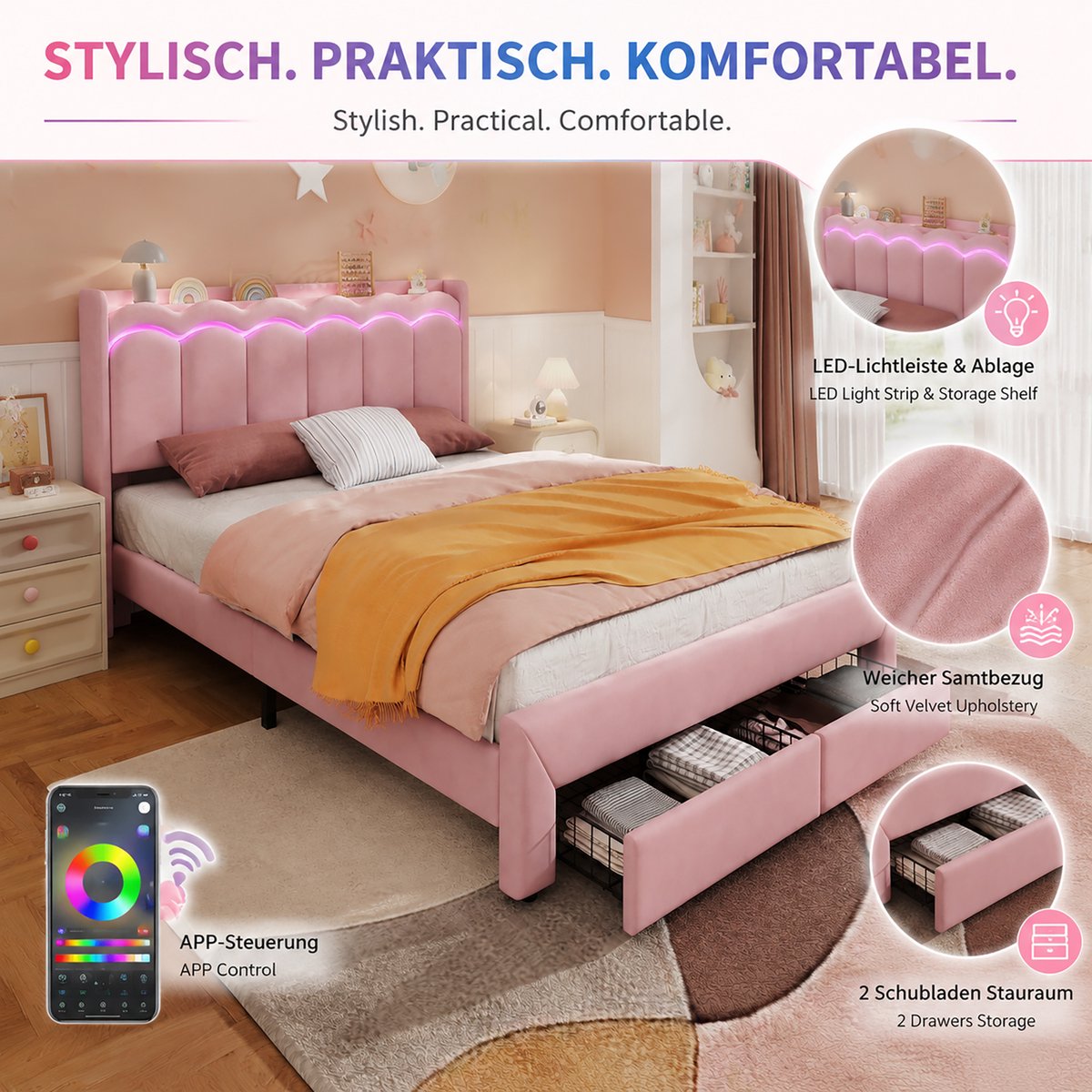 OKWISH Kinderbed 140x200 cm - Ledverlichting Via App - 2 Lades En Hoofdbordplank - Zonder Matras - Fluweel - Roze
