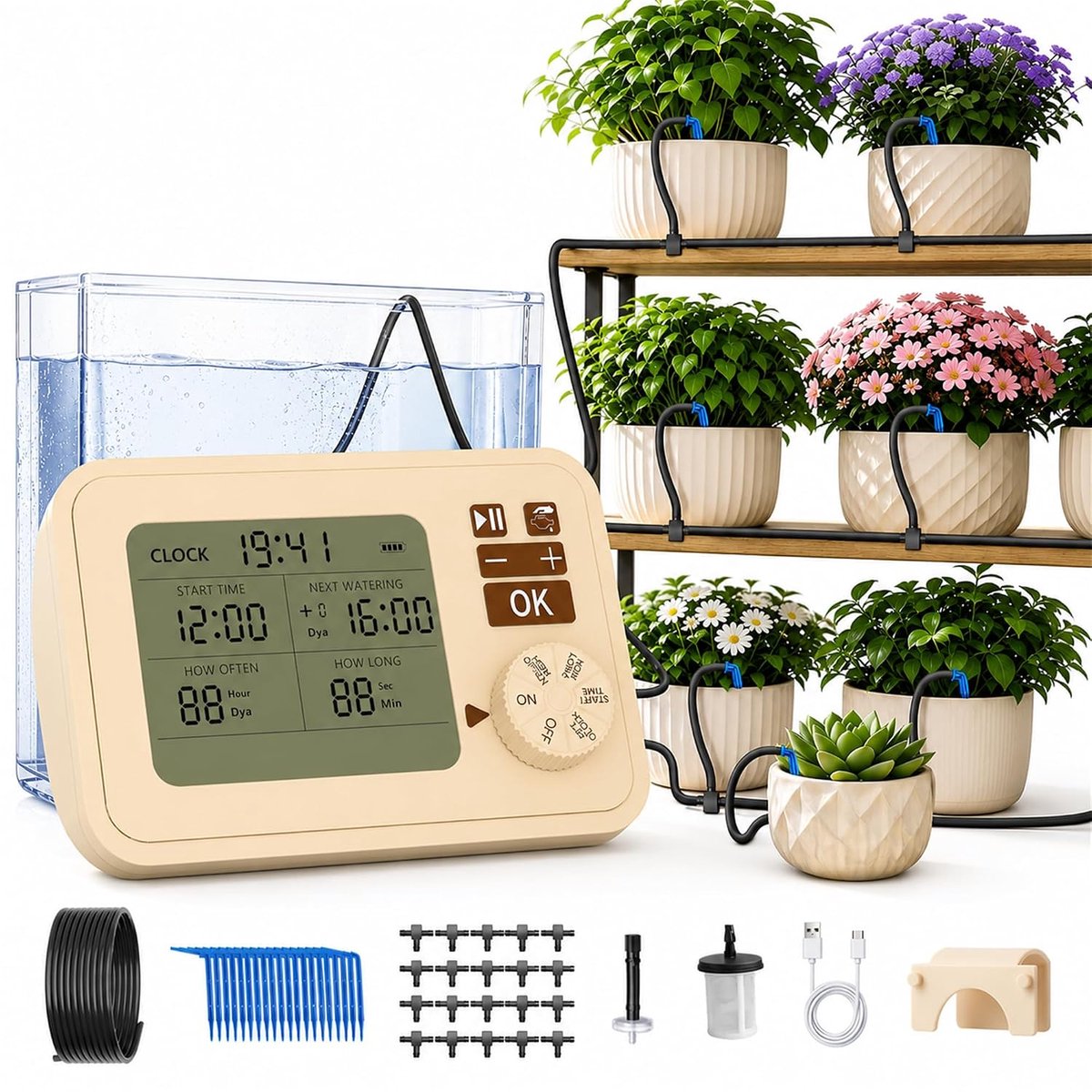 Automatische irrigatie met timer - 15 m druppelslang - 20 druppelaars - ideaal voor potplanten en balkon - ShopVlot