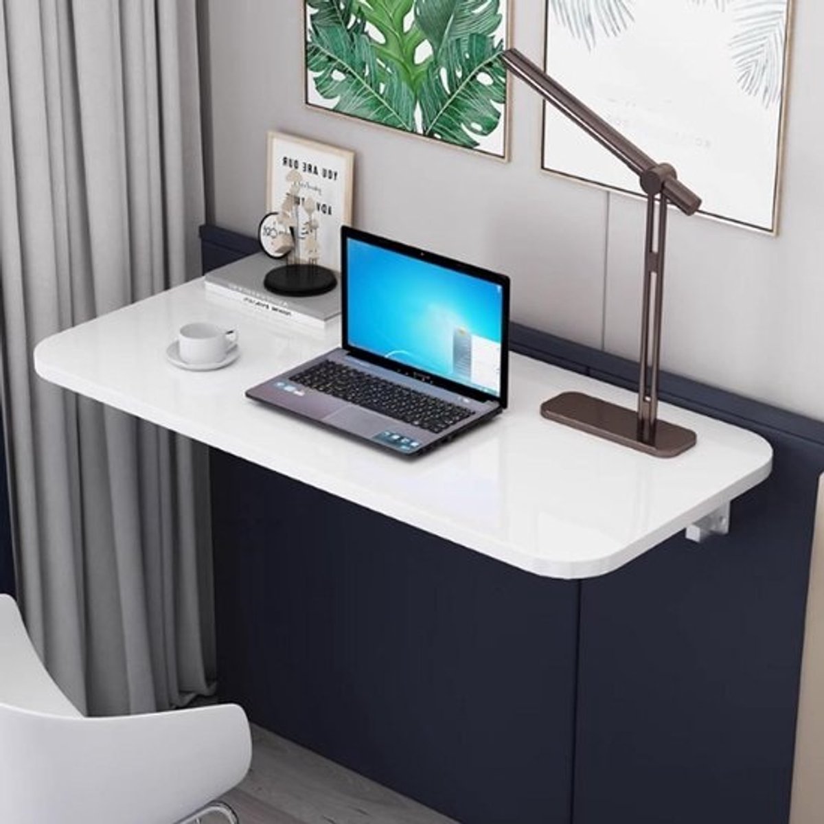 Klaptafel aan de muur - Opvouwbare tafel - Wandbureau - Ruimtebesparend - Met stalen steun - 90x40cm - Wit