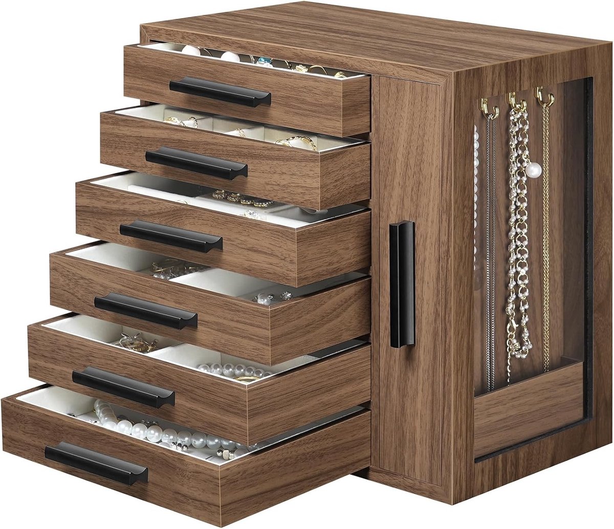 Elegante houten sieradenbox met 6 lagen, opbergoplossing voor sieraden en accessoires