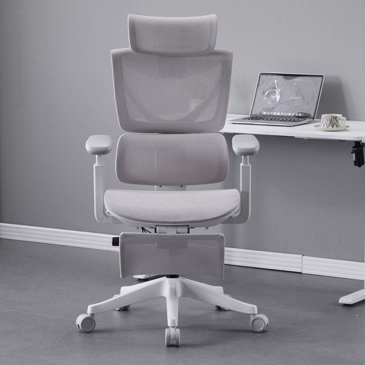 COVREO Bureaustoel met 3 knoppen – Mesh werkstoel – Ergonomische stoel – 70,6x70,6x110,5 cm – Grijs